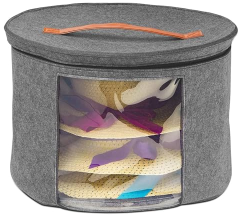 Fulenyi Boite Chapeau Rond - Boîte de Chapeaux Pliables Tissu Avec Paupière et Fermeture Éclair, Poignée en Cuir, Fenêtre Transparente, Boîte pour Chapeaux- 40 x 26 cm