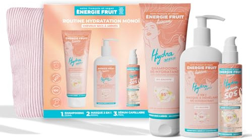 ENERGIE FRUIT - Coffret cadeaux routine capillaire cheveux secs abîmés - Monoi et acide hyaluronique - Trio shampooing réhydratant, masque hydratant, sérum protecteur - Trousse offerte