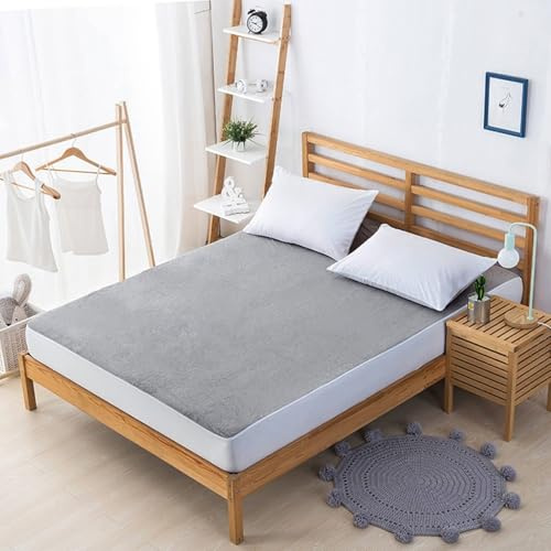 Whoiy Terry Cloth Fitted Bed Sheets Deep Pocket, Solid Color Grey Mattress Protector Full XL for 12 inch Mattress Bottom Fitted Sheet 53x79
