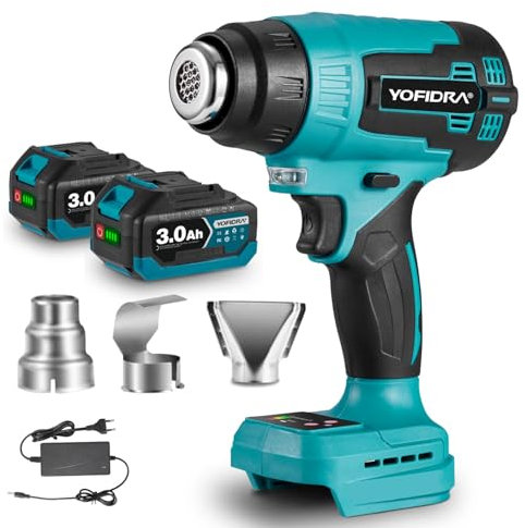 Yofidra Pistola de Aire Caliente, 500 °C máx., 9 Velocidades, Pistola de Calor a Batería, con Pantalla LCD, 3 Boquillas, 2 Baterías de 3,0 Ah, para Eliminar Pintura, Soldadura y Trabajos de Bricolaje