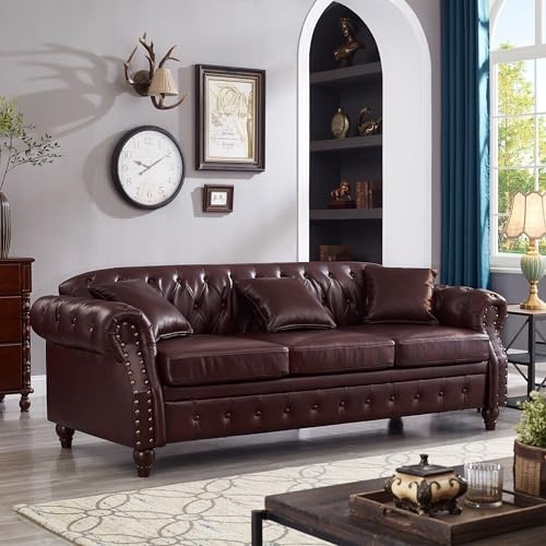 KEIKI 85.8 Chesterfield Sofa, Retro Style Upholstered with Storage Faux Leather PU Couch with Rolled Arm, Nailhead for Living Room Bedroom Office Apartment, Burgundy