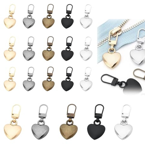 20 Pcs Zipper Pull Replacement Universal Replacement Zipper Pull tab Repair for Jacket, Backpack, Bag, Luggage, Purse, Coat, Pants (Heart 5 Colors, Gold, Silver, Bronze, Gray, Black)
