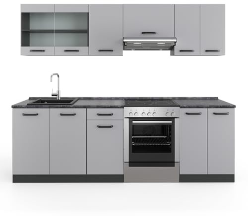 Vicco Küchenzeile R-Line, Cashmere, 240 cm, AP Anthrazit, mit modularen Elementen flexibel kombinierbar