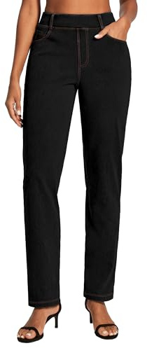 IUGA Straight Leg Jeans for Women Stretchy Pull On Sweatpant Jeans Women High Waisted Bootcut Jean Trendy Denim Pants Black