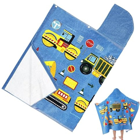 Pomurom Serviette De Plage À Capuche pour - Poncho de Bain Motif Engins de Chantier,127x76 cm Couverture Enveloppante Douce et Absorbante Idéale pour la Baignade, la