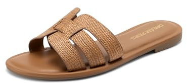 DREAM PAIRS Women's Dressy Slide Sandals Slip-on Comfortable Slides Fashion Casual Open Toe Summer Beach Sandals,Size 8,Brown-Raffia,DWUMSS2509