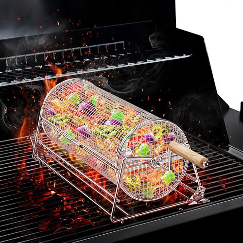 2-in-1 Cestello Barbecue Rotolabile Rotante, Acciaio Inossidabile 304 con Doppi Manici Rimovibili, Accessori per Verdure Gamberetti, Idea Regalo Uomo Papà Marito Compleanno Papà Marito Compleanno