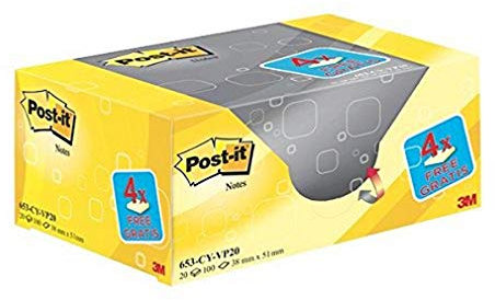 Post-it Notes, Gelb, 16 Blöcke + 4 GRATIS, 38 mm x 51 mm, 100 Blatt pro Block - Selbstklebende Notizzettel zum Notieren, für To-Do-Listen und als Erinnerung