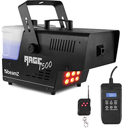 BeamZ RAGE1500LED 1500 Watt Nebelmaschine mit Lichteffekt, LED Rauchmaschine, Fog Machine mit Funkfernbedienung, Timer DMX, 3,5 Liter, Disco Partynebel für DJs auf Veranstaltungen
