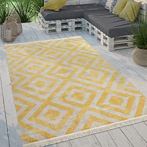 Paco Home Moderner Outdoor Teppich Geometrisches Rauten-Muster im Vintage-Look Flachgewebe Wetterfest & Pflegeleicht für Garten, Terrasse & Balkon, Grösse:120x170 cm, Farbe:Gelb-Weiß