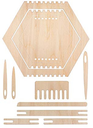 Rayher 63124505 Holz Webrahmen Set Wabe, FSC zertifiziert, 11teilig, 3 verschiedene, 6eckige Rahmen, mit Webschiffchen, Webnadeln, Webkamm