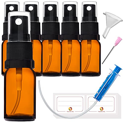 HandsUnity 10ml-6Stk Sprühflasche Klein Parfüm - Kleine Sprühflasche mit Schwarzer Zerstäuber aus Braunglas mit 17 Stk Zubehörteilen