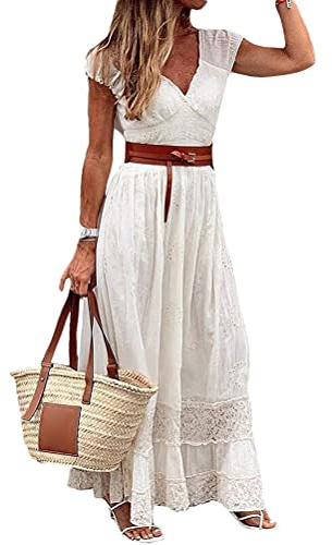 Onsoyours Vestido Casual Sin Mangas De Encaje Boho Playa para Mujeres Verano Suelto Borla V Cuello SóLido Talla Grande Blusa