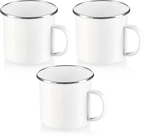 com-four® 3x Emaille-Becher - Trinkbecher aus emaliertem Edelstahl - Teepott - Kaffeetasse für Outdoor und Camping - 3-teiliges Becherset - spülmaschinengeeignet (weiß)