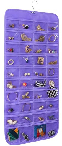 Bloss Hanging Jewelry Organizer, Double Sided 80 Pocket Jewelry Chain Storage Bag 2 Layer of Fabric Jewelry Organizer Holder for Necklace Bracelet Earring Ring Chain Knitting Tool - Purple