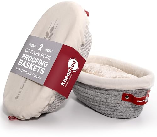 KneadAce Cotton Rope Banneton Bread Proofing Basket Set, 2 x Oval Bread Basket with Liners & Covers for Artisan Bread Baking, Sourdough Bread Baking Supplies