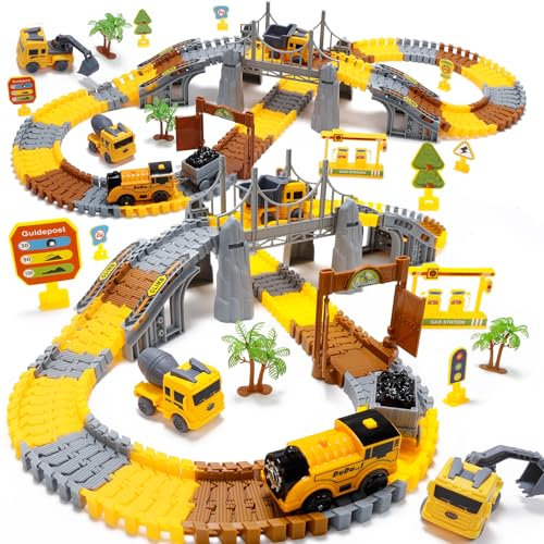 Circuit de Course 178 pièces pour Enfants, avec Pistes Flexibles, Train électrique, excavatrice, Camion béton, Camion Chargement, Jeu d'ingénierie pour garçons et Filles 3 à 6 Ans
