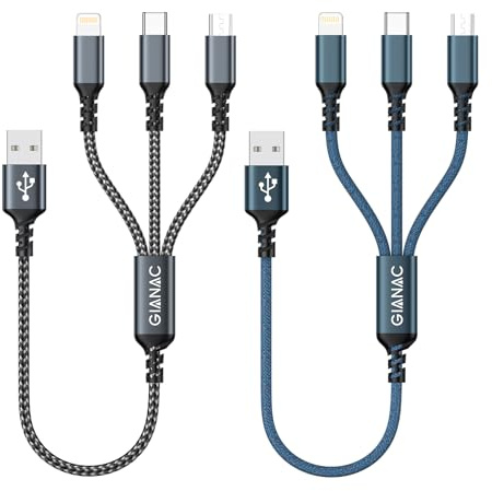 GIANAC Multi USB-kabel [2 stycken 0,5 m] 3-i-1 universell laddningskabel snabb laddningskabel flera gånger med mikro-USB typ C Lightning-kabel för iPhone, Android Galaxy, Huawei, Oneplus, Sony, Honor