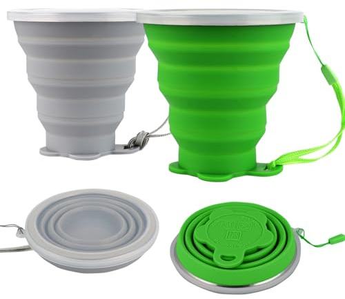 ddLUCK Hopfällbar campingkopp i silikon, 2-pack 320 ml hopfällbar resemugg, hopfällbara bärbara koppar med plasttätningslock, återanvändbara muggset för picknick, camping, kontor, utomhusvandring