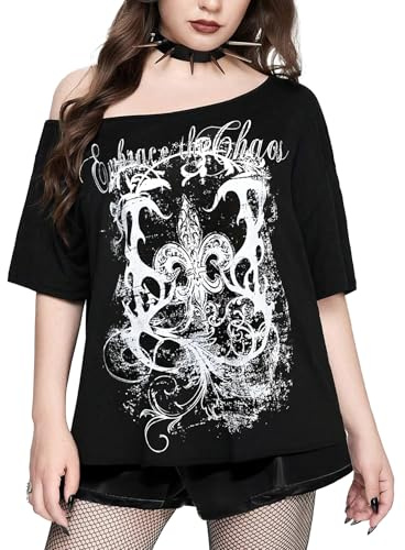 Gothique Top pour Femme Fille - T Shirt Médiévale Déguisement Noir Manches Courtes 1 Chic Et Épaules Dénudées Style Punk Y2k Darkness Grunge Graphic Vetement(Black,M,1165w)
