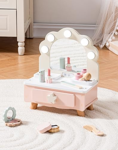ROBOTIME Wooden Makeup Set Girls, Kids Pink Dressing Table Vanity Set, Shell Shaped Mirror with Light, Toddler Pretend Play Wooden Cosmetics, Role Play Toys, Makeover Gift for Baby Girl Aged 3+