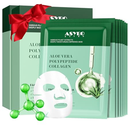 ASYBO 20 Stück Collagen Maske, Aloe Vera Polypeptid Kollagen Gesichtsmasken Hautpflege, feuchtigkeitsspendende Gesichtsblättermaske für Akne, nach der Sonne, beruhigend, Anti-Aging und Anti-Falten