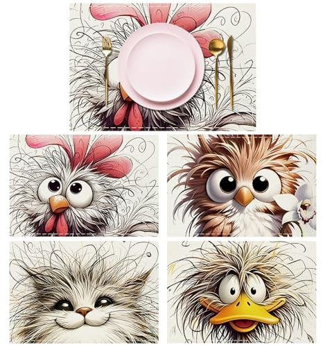 Lvjkes 4 Piezas Mantel Individual con Animales, 30 x 45 cm Manteles Individuales Lavables, Estampados cosidos a Mano, Antideslizantes de Lino, Aptos para la Cocina, el salón, el Comedor y el Bar