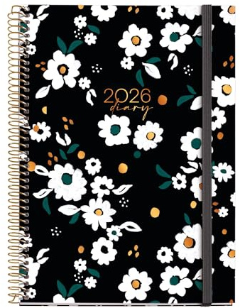 Miquelrius - Agenda 2026 semana vista, Similar A5+ (155 x 213 mm), Planificación semanal, Cubierta rígida cartón, Espiral, Cierre goma elástica, Papel 80 g/m², Español-EN-PT, Noir garden