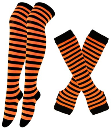 AYVRUOP Juego de Guantes y Medias sin Dedos Naranja,Juego de calcetines altos hasta el muslo,calzini halloween tuta attillata,Guantes sin dedos para mujeres y niñas,calentador de piernas