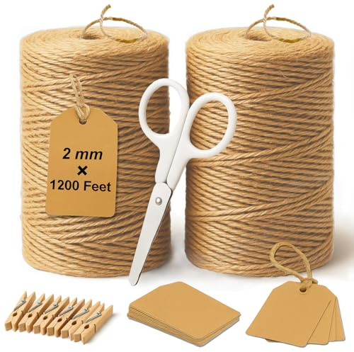 5 Pack Natural Twine String Suit: Jute Twine for Crafts Gardening Gift Wrapping Home Decor Knitting - 2mm 1200 Feet Jute Rope Twisted from 3 Ply - Suitable for Handicraft and Gardening Enthusiasts