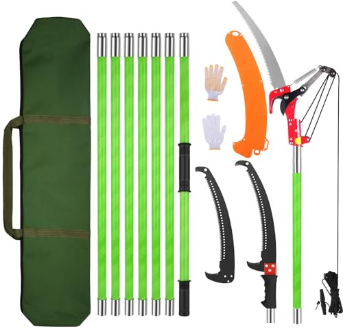Coupe Branche Télescopique 8m: Scie Telescopique Elaguer 2 en 1,7 Manche Télescopique | 2 Lames de Scie | Sac de Transport, Scie d'élagage Pour Élagage Palmiers Arbustes (Vert)