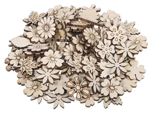 100 PCS Unfinished Wood Flowers Wood Slice Leaf Pattern Cutouts Mini Wooden Handmade Craft Decoration Supplies DIY Art Project Wooden Pieces Scrapbook Embellishments