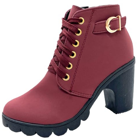 GHTRHSB Botines de tacón grueso con cordones para mujer, estilo casual, puntera redonda, cremallera lateral, plataforma, botines de cuña con hebilla de moda, Red, 36.5 EU