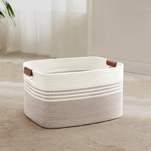MYHOMMATTO 45L Small Woven Laundry Basket Hamper with Leather Handles,Brown