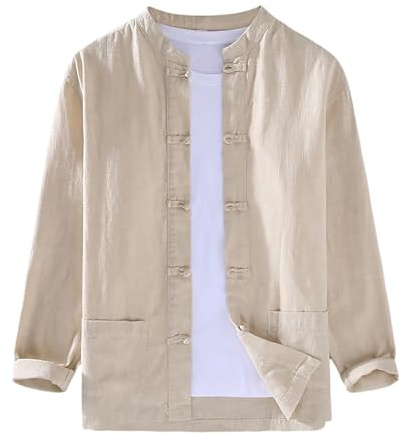 Camicia da uomo vintage in cotone e lino Cappotto di camicia con fibbie colletto alto Tang Costume taglio sciolto tinta unita uniforme cotone lino camicia casual retrò giacca, O beige., L