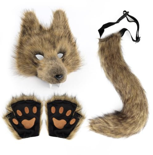 Elyebxj 1 ensemble de masque de loup Therian avec queue en fourrure et gants patte tricotés, Kit costume en fourrure réaliste, marron