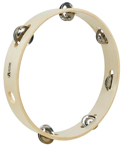 A-Star 10 inch/25cm Handheld Wooden Headless Tambourine, Traditional Single Jingle Bell Row