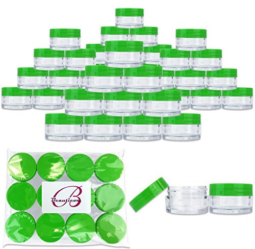 Beauticom 20 gram/20ml Empty Clear Small Round Travel Container Jar Pots with Lids for Make Up Powder, Eyeshadow Pigments, Lotion, Creams, Lip Balm, Lip Gloss, Samples (48 Pieces, Green)