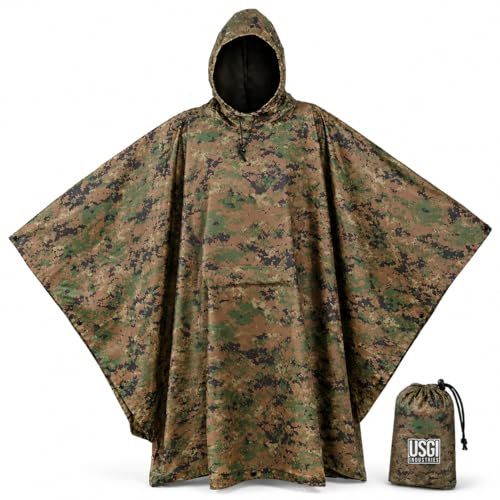 USGI Industries Poncho i militärstil, regnponcho med flera användningsområden, ripstop-tyg, regnponcho i kamouflage, one size