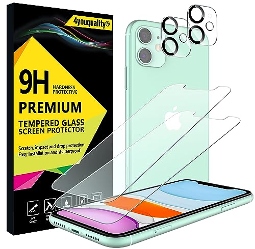 4youquality 4-i-1 för iPhone 11 skärm och kameralinsskydd | 2+2-pack, härdat glas, 9H hårdhet, slagtålig, reptålig, anti-sprickor, okrossbart, ultratydlig