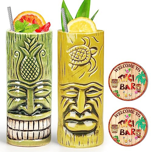 Tiki-Tassen-Set 2 Stück Hawaii-Party-Becher aus Keramik, für Cocktails, hochwertiges Tassen-Set mit 2 Tassen für exotische Party