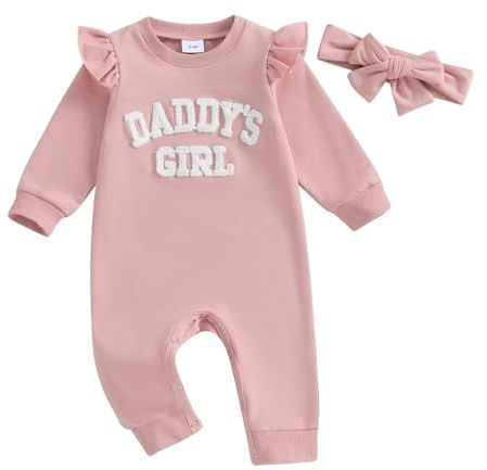 Carolilly Newborn Baby Girl Outfits 2Pcs Outfits Clothing Set Daddy's Girl Fuzzy Letter Embroidery Long Sleeve Romper Bodysuit Round Neck Jumpsuit Toddler Clothes+Headband (Pink, 0-3 Months)