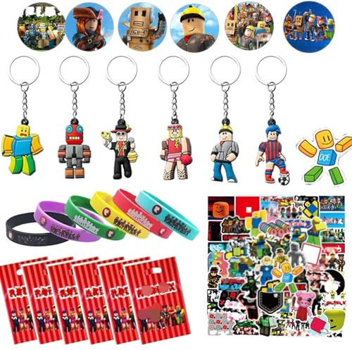 78pcs Robllox Gadget Festa Compleanno,6pcs Robllox Braccialetti in Silicone,6pcs Distintivi,10pcs Robllox Sacchetti Regalo,6 Portachiavi,50pcs Adesivi,Decorazioni di Compleanno per i Fan di Robllox