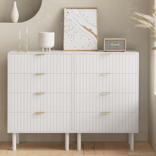 UEV Kommode mit Schublanden, 2er Set, 120 x 34 x 94cm,Schrank mit 8 Schubladen,kommode marmor, Highboard, TV Schrank, Sideboard mit Schubladen, Beistellschrank für Wohnzimmer, Schlafzimmer, Flur(Weiß)