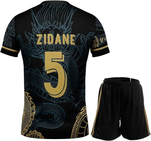 NIHMEX Legende Zidane #5 Retro Black Dragon Limitierte Sonderedition Seltenes Fußball Kinder Trikot Shorts Set Jugendgrößen (Schwarz,164)
