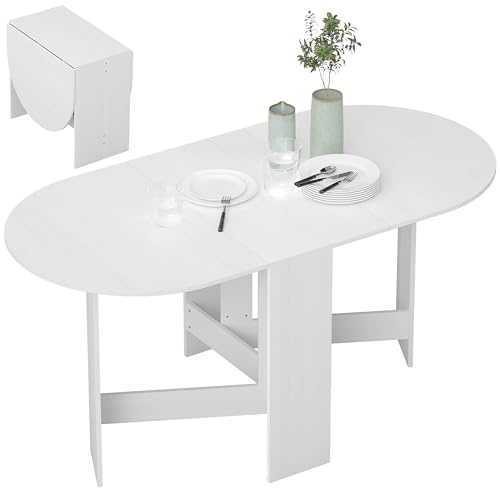 HOMCOM Tavolo da Pranzo Pieghevole, 163x80 cm Scrivania Richiudibile Salvaspazio con 2 Ribalte Ovale per 6 Persone, Tavolo Cucina a Ribalta, Ideale per Soggiorno, Casa, Ufficio, Bianco