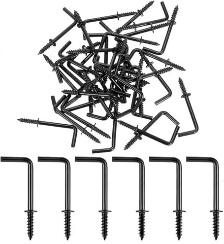 Teaaha Lot de 40 petits crochets muraux noirs en L de 2,5 cm, crochets muraux vintage en forme de L, crochets à visser à 7 formes à angle droit pour médailles, crochets courbés carrés pour bijoux et