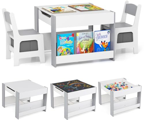 COSTWAY Kindertisch mit 2 Stühlen, 3 teilige Kindersitzgruppe aus Holz mit wendbarer Tischplatte, Bücherregalen & Aufbewahrungsboxen, 4 in 1 Kinder Maltisch mit Stauraum für ab 3 Jahren (Grau)