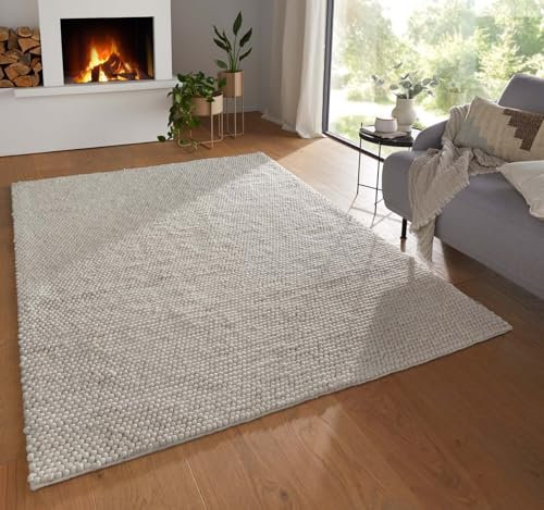 Taracarpet Moderner Landhaus Wollteppich gewalkt Bubble fürs Wohnzimmer, Schlafzimmer und Esszimmer Teppich aus Schurwolle nachhaltig weiß 130x190 cm