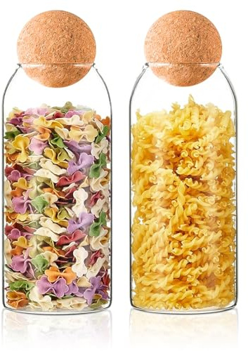 Tarros de cristal para almacenamiento, 2 unidades de 1200 ml de vidrio de borosilicato, moderno recipiente de cristal con corcho para pasta, azúcar, café, especias, dulces y más para guardar en la